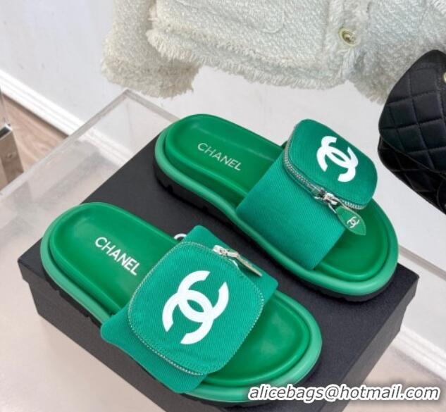 Top Design Chanel Canvas Pillow Slides Sandal with Zip Pouch Green 2025 CH041614