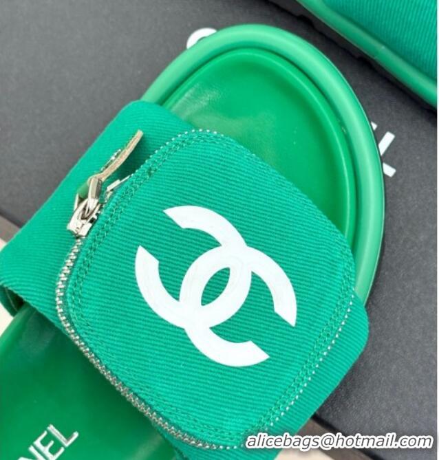 Top Design Chanel Canvas Pillow Slides Sandal with Zip Pouch Green 2025 CH041614