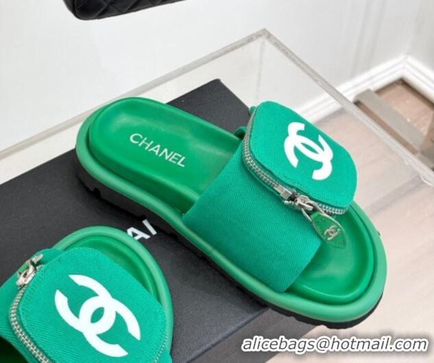 Top Design Chanel Canvas Pillow Slides Sandal with Zip Pouch Green 2025 CH041614
