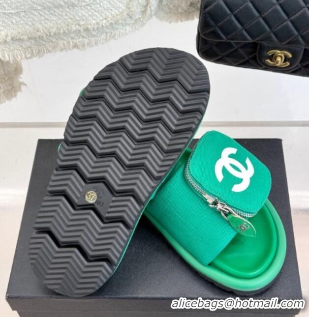 Top Design Chanel Canvas Pillow Slides Sandal with Zip Pouch Green 2025 CH041614