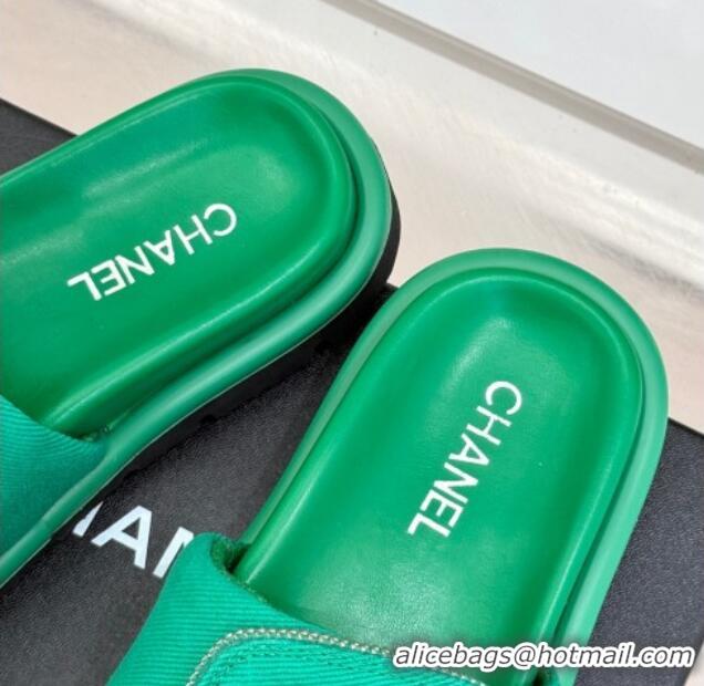 Top Design Chanel Canvas Pillow Slides Sandal with Zip Pouch Green 2025 CH041614