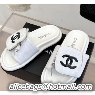 Best Price Chanel Canvas Pillow Slides Sandal with Zip Pouch White 2025 CH041614