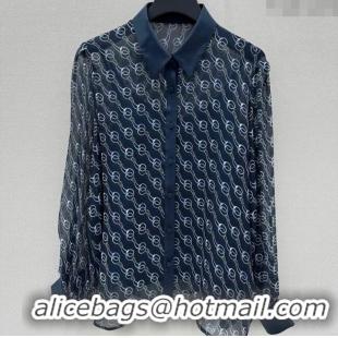 Best Quality Gucci Chain Printed Silk Shirt 0411 Dark Blue 2025