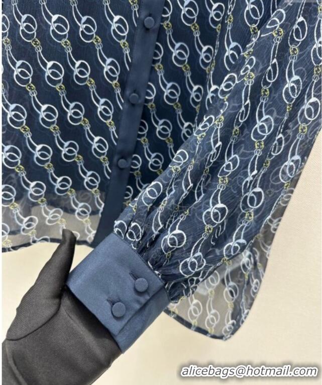 Best Quality Gucci Chain Printed Silk Shirt 0411 Dark Blue 2025