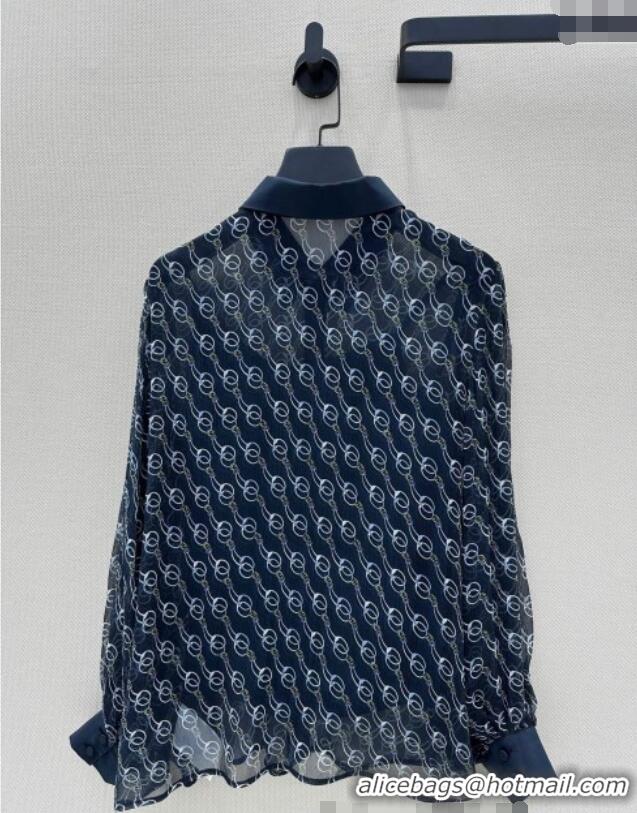 Best Quality Gucci Chain Printed Silk Shirt 0411 Dark Blue 2025