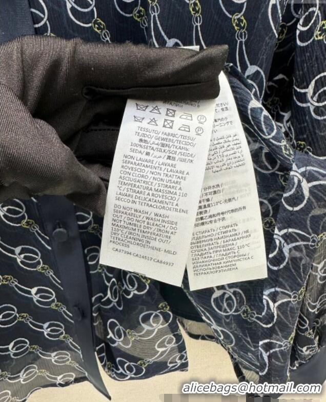 Best Quality Gucci Chain Printed Silk Shirt 0411 Dark Blue 2025