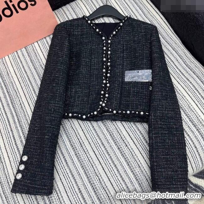Buy Discount Chanel Tweed and Silk Jacket with Pearls 0411 Black 2025