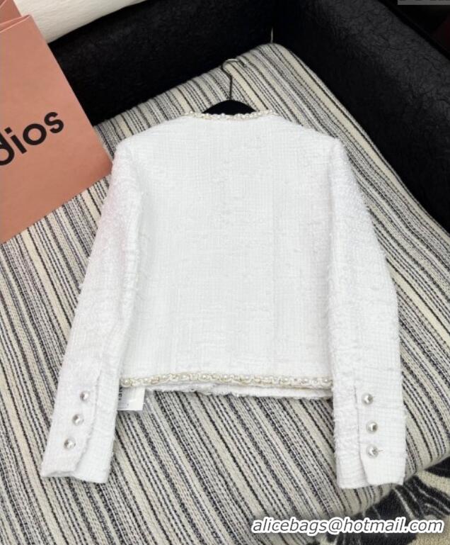 Reasonable Price Chanel Tweed and Silk Jacket with Pearls 0411 White 2025