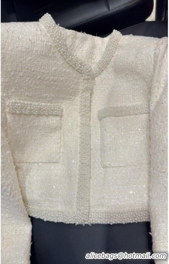 ​Good Product Chanel Tweed and Sequins Jacket with Pearls Charm 0411 White 2025