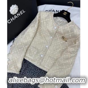 ​Best Quality Chanel Tweed, Mesh and Sequins Jacket 0411 Beige 2025