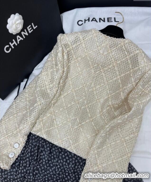 ​Best Quality Chanel Tweed, Mesh and Sequins Jacket 0411 Beige 2025