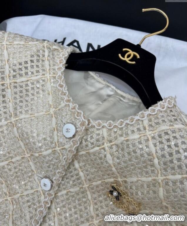 ​Best Quality Chanel Tweed, Mesh and Sequins Jacket 0411 Beige 2025