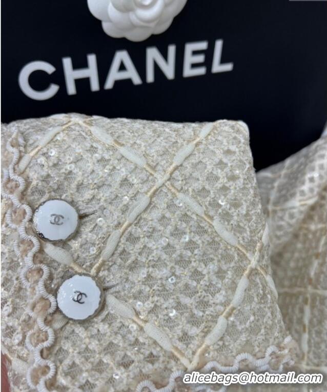 ​Best Quality Chanel Tweed, Mesh and Sequins Jacket 0411 Beige 2025