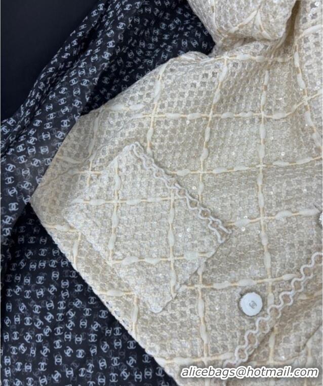 ​Best Quality Chanel Tweed, Mesh and Sequins Jacket 0411 Beige 2025