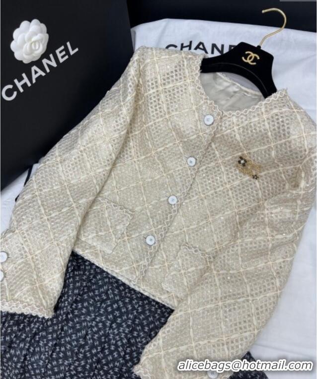 ​Best Quality Chanel Tweed, Mesh and Sequins Jacket 0411 Beige 2025
