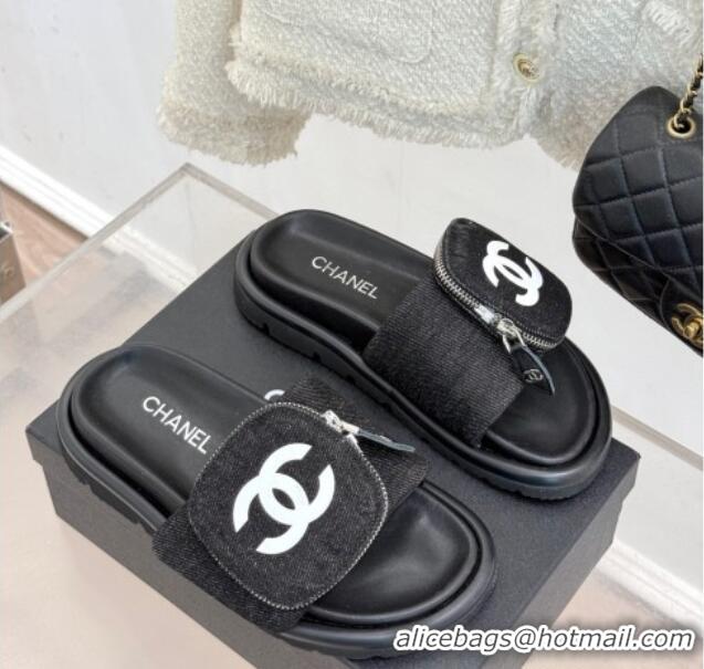 Stylish Chanel Canvas Pillow Slides Sandal with Zip Pouch Black 2025 CH041614