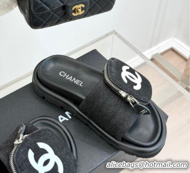 Stylish Chanel Canvas Pillow Slides Sandal with Zip Pouch Black 2025 CH041614