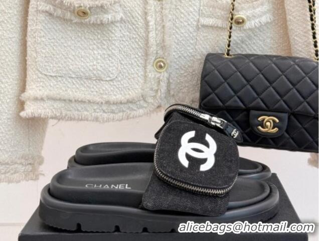 Stylish Chanel Canvas Pillow Slides Sandal with Zip Pouch Black 2025 CH041614