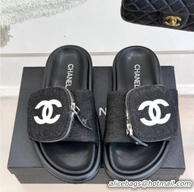 Stylish Chanel Canvas Pillow Slides Sandal with Zip Pouch Black 2025 CH041614