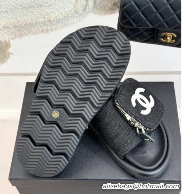 Stylish Chanel Canvas Pillow Slides Sandal with Zip Pouch Black 2025 CH041614