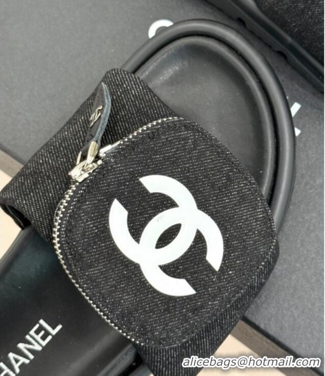Stylish Chanel Canvas Pillow Slides Sandal with Zip Pouch Black 2025 CH041614