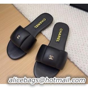 Grade Quality Chanel Overlap Calfskin Flat Slides Sandal Black 2025 CH041615