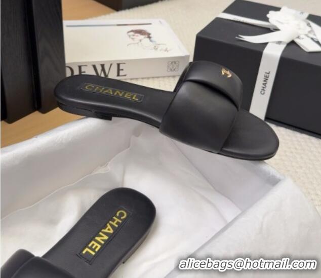 Grade Quality Chanel Overlap Calfskin Flat Slides Sandal Black 2025 CH041615