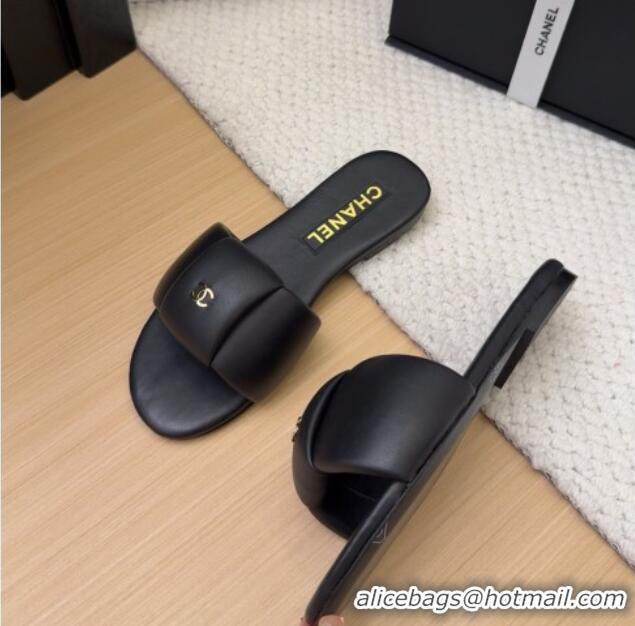Grade Quality Chanel Overlap Calfskin Flat Slides Sandal Black 2025 CH041615