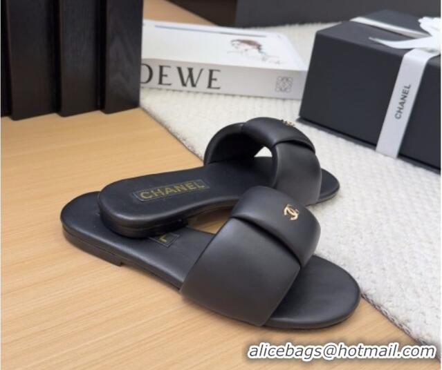 Grade Quality Chanel Overlap Calfskin Flat Slides Sandal Black 2025 CH041615