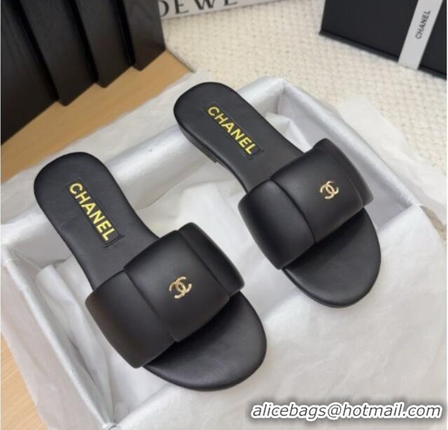 Grade Quality Chanel Overlap Calfskin Flat Slides Sandal Black 2025 CH041615