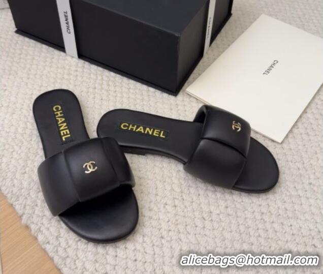 Grade Quality Chanel Overlap Calfskin Flat Slides Sandal Black 2025 CH041615