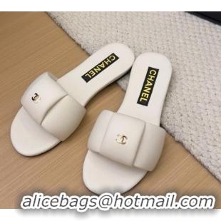 Best Price Chanel Overlap Calfskin Flat Slides Sandal White 2025 CH041615