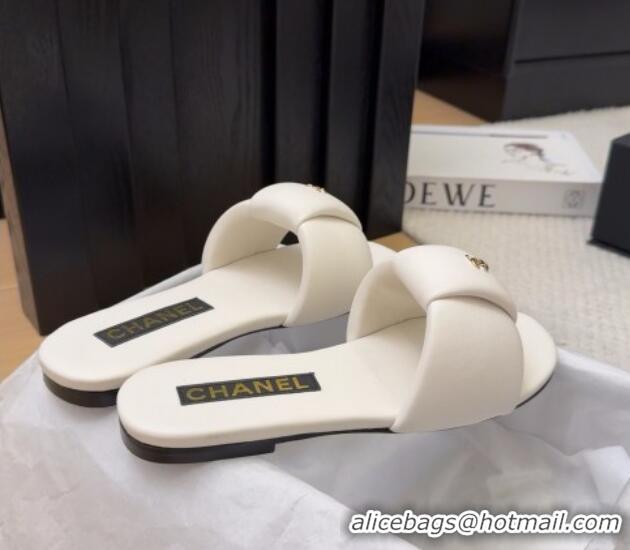 Best Price Chanel Overlap Calfskin Flat Slides Sandal White 2025 CH041615