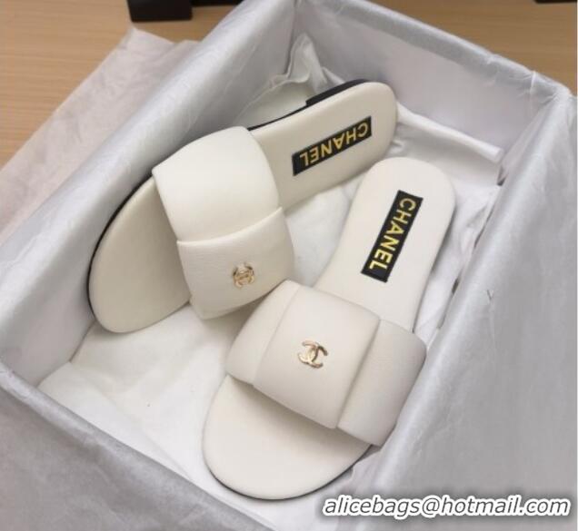Best Price Chanel Overlap Calfskin Flat Slides Sandal White 2025 CH041615