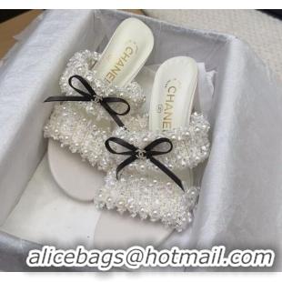 Sophisticated Chanel Tweed & Pearls Heel Slides Sandal 9cm with Bow White 2025 CH041616
