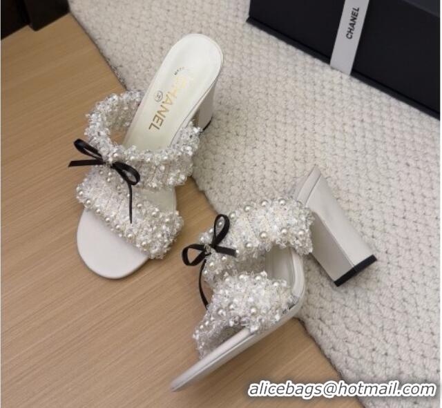 Sophisticated Chanel Tweed & Pearls Heel Slides Sandal 9cm with Bow White 2025 CH041616