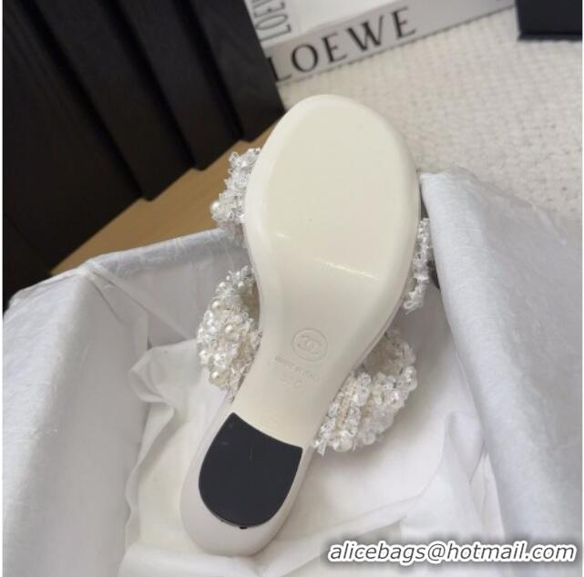 Sophisticated Chanel Tweed & Pearls Heel Slides Sandal 9cm with Bow White 2025 CH041616