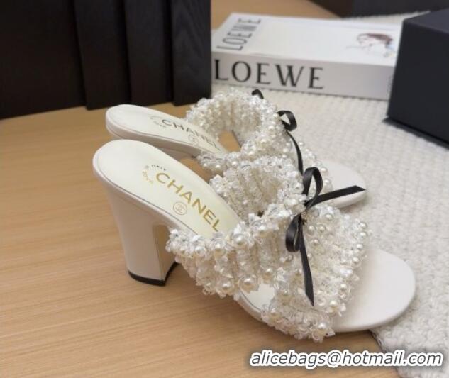 Sophisticated Chanel Tweed & Pearls Heel Slides Sandal 9cm with Bow White 2025 CH041616