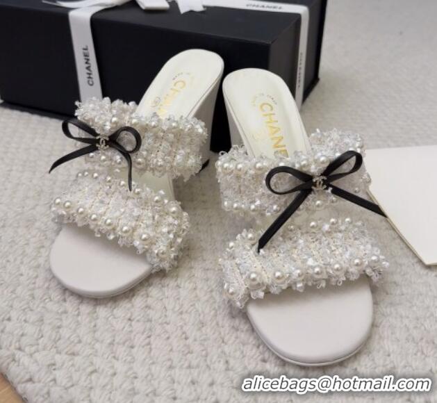 Sophisticated Chanel Tweed & Pearls Heel Slides Sandal 9cm with Bow White 2025 CH041616