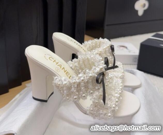 Sophisticated Chanel Tweed & Pearls Heel Slides Sandal 9cm with Bow White 2025 CH041616