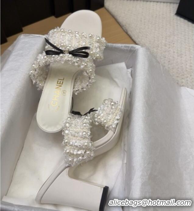 Sophisticated Chanel Tweed & Pearls Heel Slides Sandal 9cm with Bow White 2025 CH041616