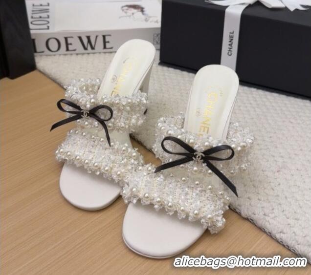Sophisticated Chanel Tweed & Pearls Heel Slides Sandal 9cm with Bow White 2025 CH041616