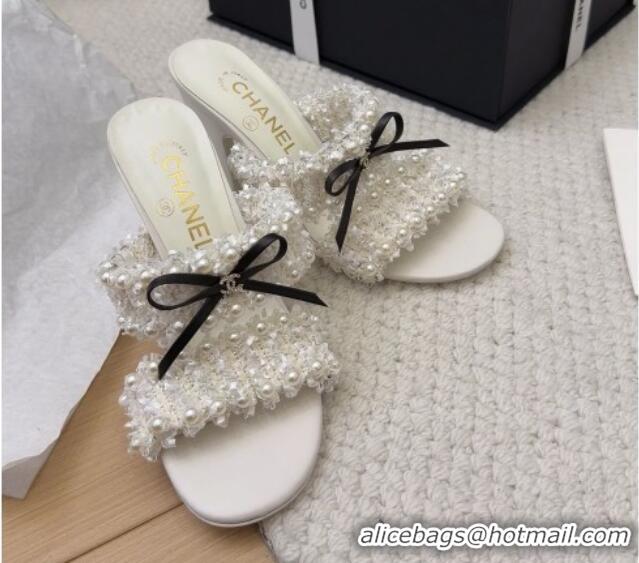Sophisticated Chanel Tweed & Pearls Heel Slides Sandal 9cm with Bow White 2025 CH041616