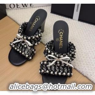 Sumptuous Chanel Tweed & Pearls Heel Slides Sandal 9cm with Bow Black 2025 CH041616