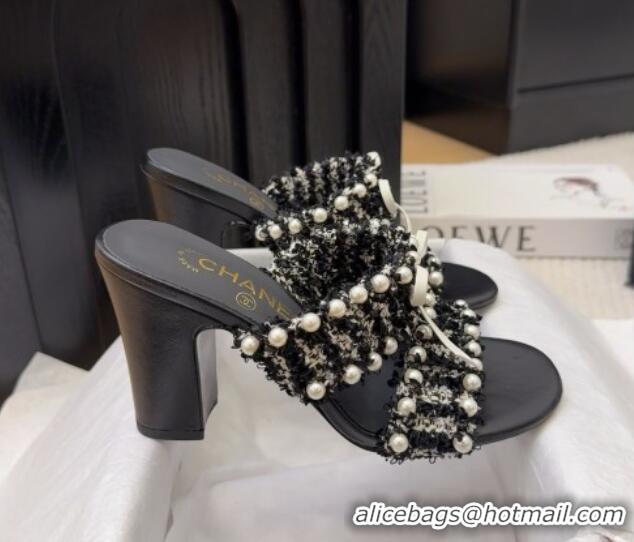 Sumptuous Chanel Tweed & Pearls Heel Slides Sandal 9cm with Bow Black 2025 CH041616