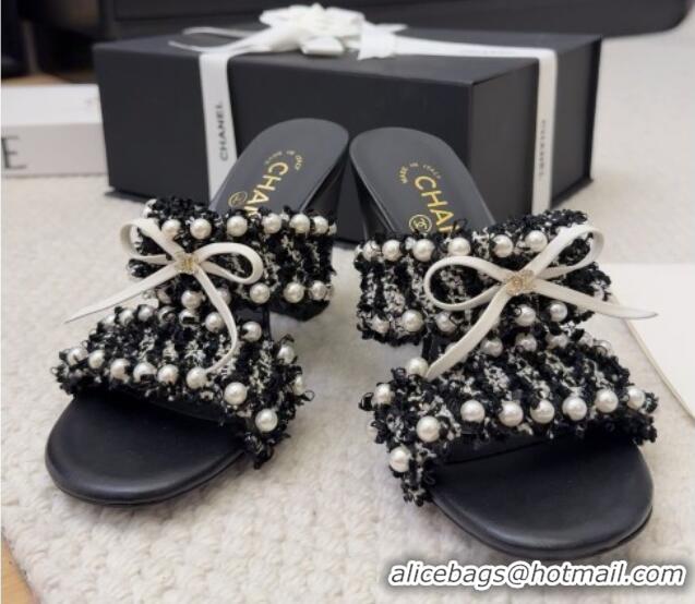 Sumptuous Chanel Tweed & Pearls Heel Slides Sandal 9cm with Bow Black 2025 CH041616