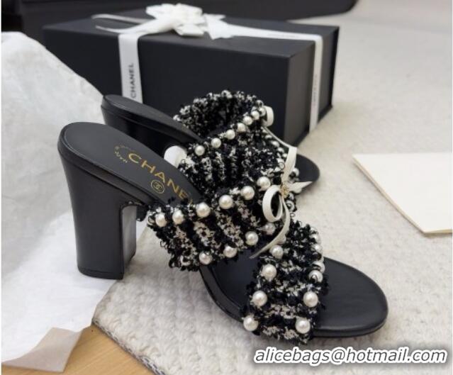 Sumptuous Chanel Tweed & Pearls Heel Slides Sandal 9cm with Bow Black 2025 CH041616