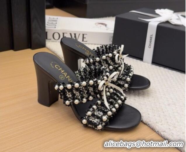Sumptuous Chanel Tweed & Pearls Heel Slides Sandal 9cm with Bow Black 2025 CH041616