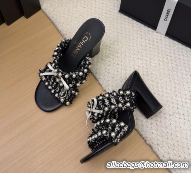 Sumptuous Chanel Tweed & Pearls Heel Slides Sandal 9cm with Bow Black 2025 CH041616