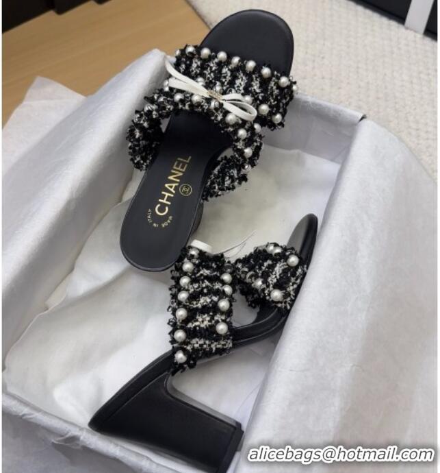 Sumptuous Chanel Tweed & Pearls Heel Slides Sandal 9cm with Bow Black 2025 CH041616